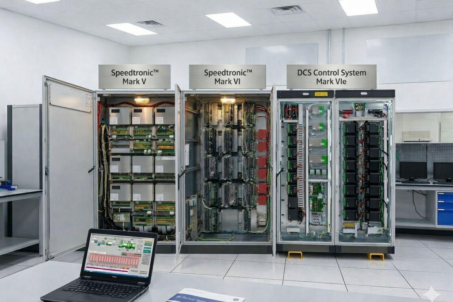 Turbine governor and DCS control cabinets undergoing bench testing in the repair lab
